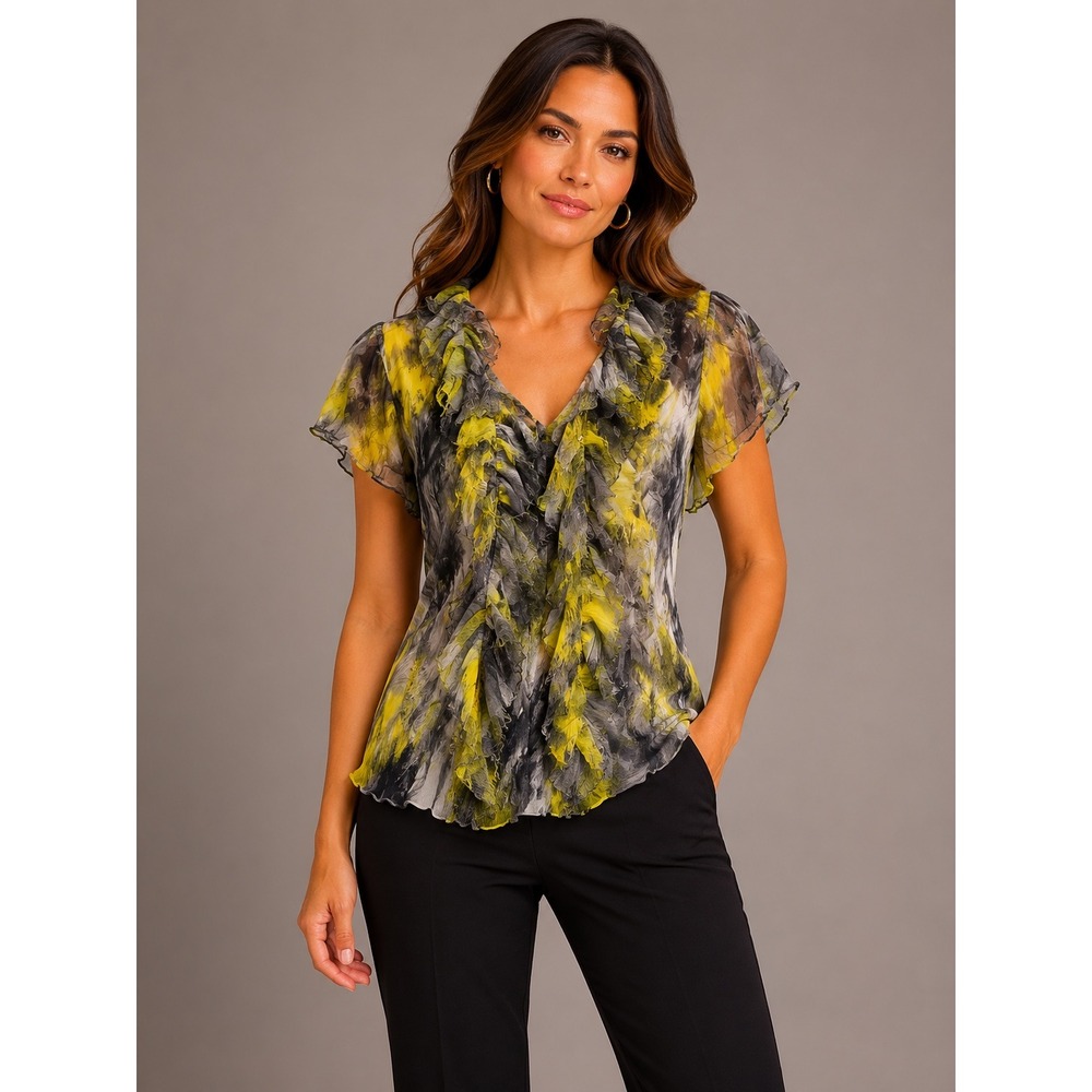 Antilia Femme Yellow Grey Abstract Ruffle V-Neck Eyelash Fringe Blouse Medium